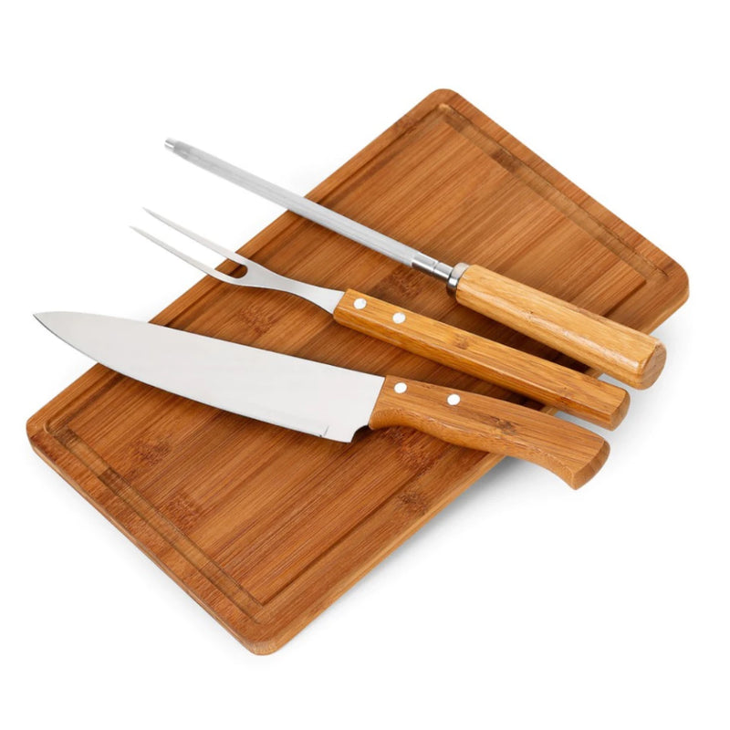 Kit Premium para Churrasco – Faca, Garfo, Chaira e Tábua de Bambu com Sulco e Alça de Aço