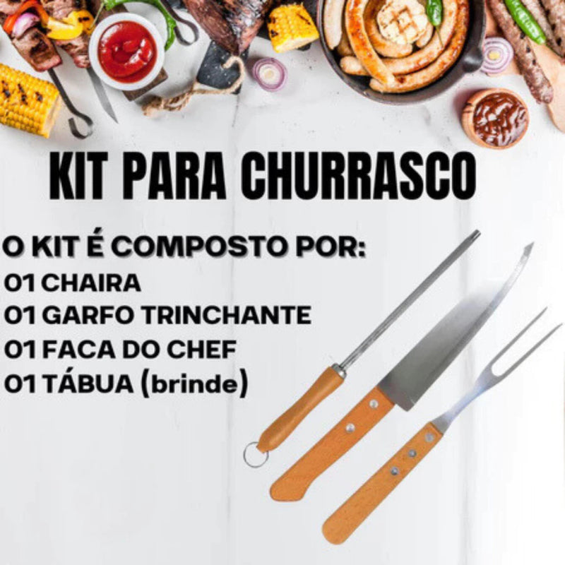 Kit Premium para Churrasco – Faca, Garfo, Chaira e Tábua de Bambu com Sulco e Alça de Aço