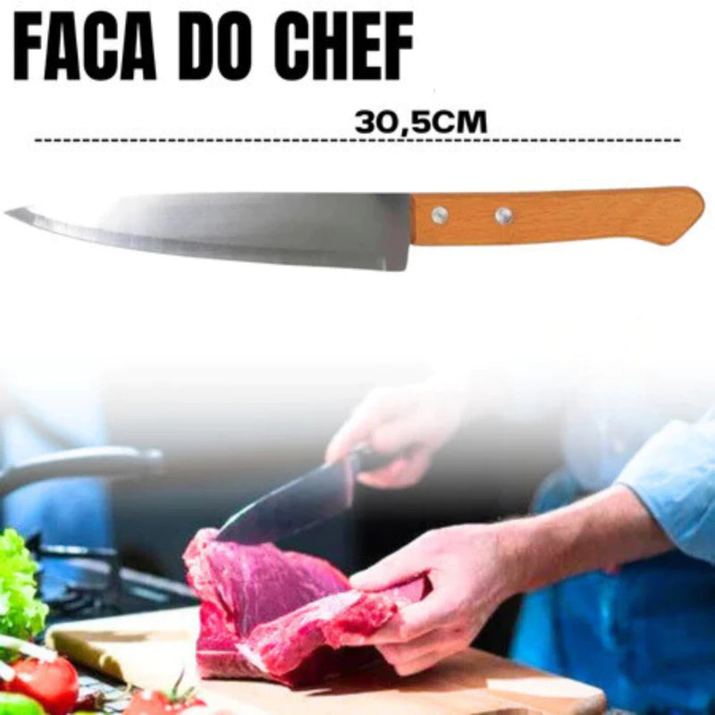 Kit Premium para Churrasco – Faca, Garfo, Chaira e Tábua de Bambu com Sulco e Alça de Aço