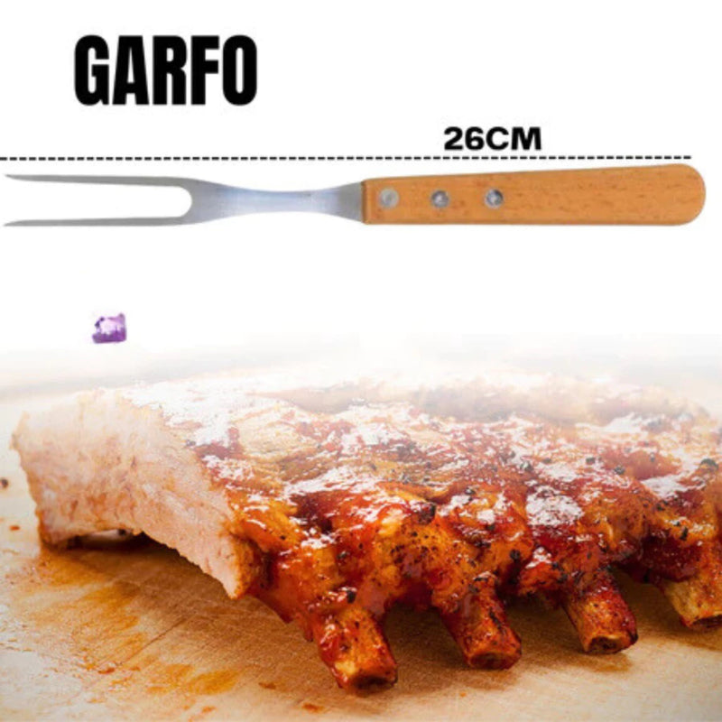Kit Premium para Churrasco – Faca, Garfo, Chaira e Tábua de Bambu com Sulco e Alça de Aço