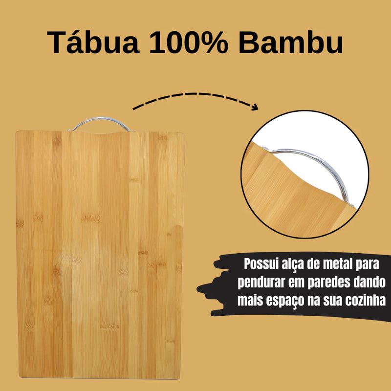 Kit Premium para Churrasco – Faca, Garfo, Chaira e Tábua de Bambu com Sulco e Alça de Aço