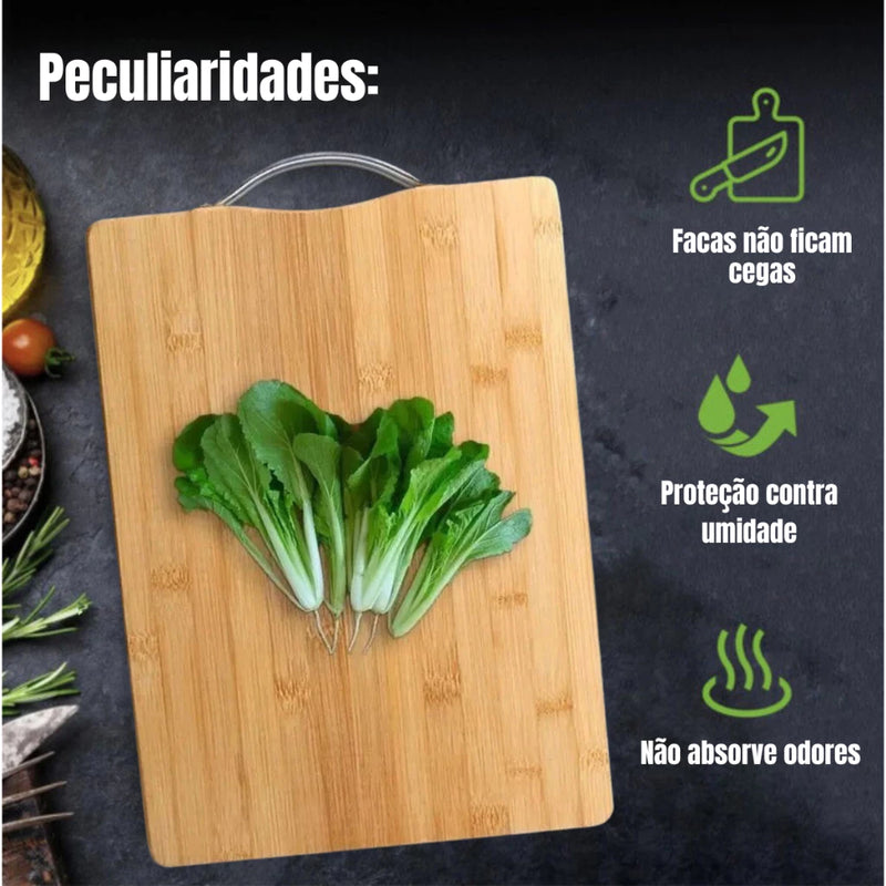 Kit Premium para Churrasco – Faca, Garfo, Chaira e Tábua de Bambu com Sulco e Alça de Aço