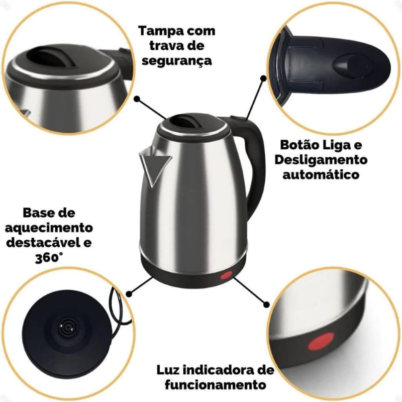 Chaleira Jarra Elétrica 2L 1000W Inox – Potência e Estilo na Cozinha